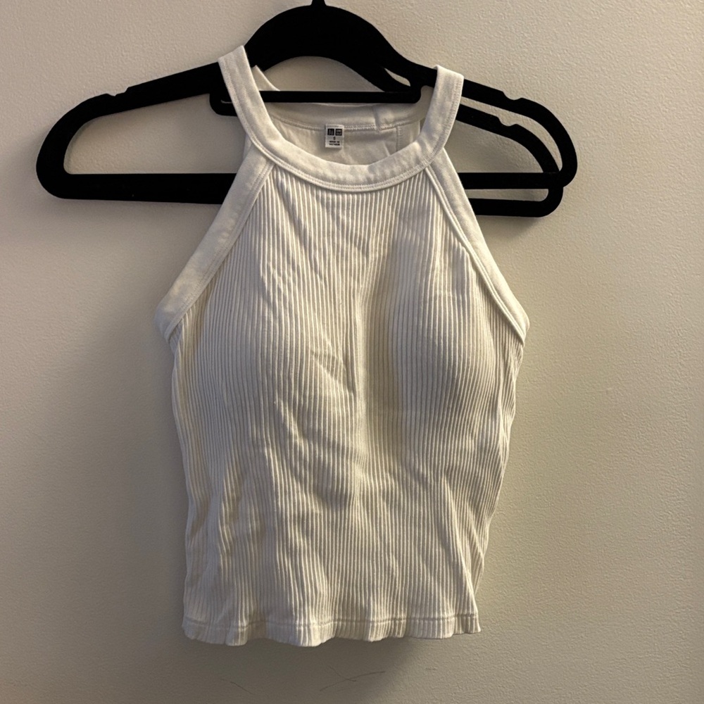 Uniqlo White Ribbed Halter Tank Top